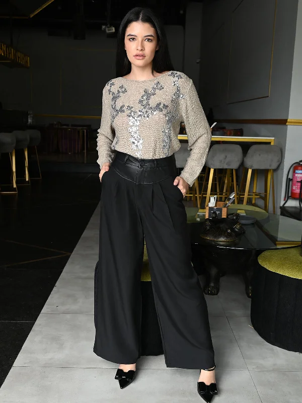 Odette Black Suiting Fabric Solid Trousers For Women Trousers Formal Black