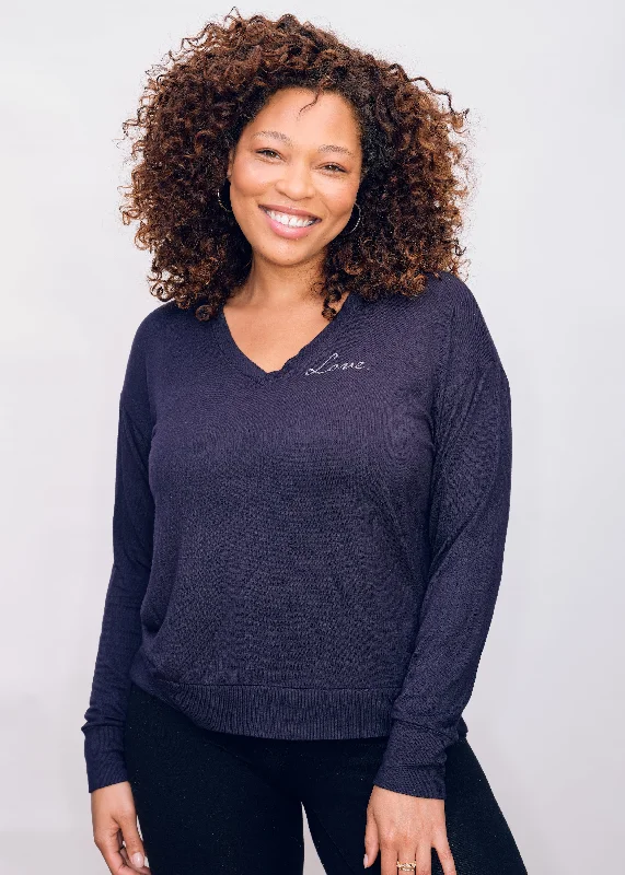'Little Love' Ultra-Soft V-Neck Pullover - Navy Black Bardot Neck Top