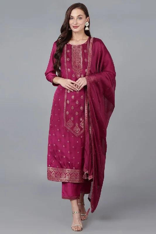 Magenta Viscose Rayon Solid Straight Kurta Trousers With Dupatta Trousers Leisure Comfortable