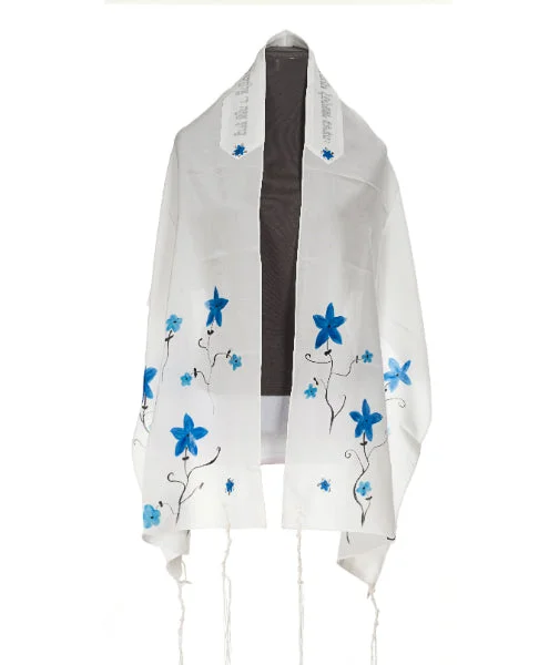 White with Blue flowers Silk Tallit for Women, Bat Mitzvah Tallit, Women Tallit Prayer Shawl, Tallit for Girl Warm Knit Shawl Wrap