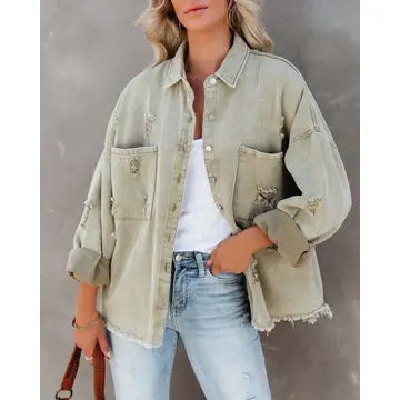 Livin On The Edge Green Distressed Fray Jacket (Size XL) Denim Fabric Leather Fabric Suede Fabric