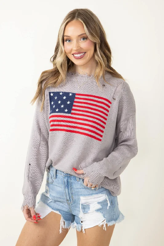 Miracle American Flag Distressed Sweater for Women in Grey | L2402-SILVER Satin Blend Silk Blend Wool Blend