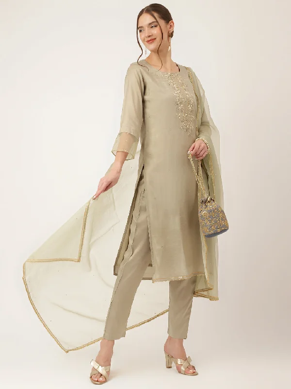 Divena Green Embroidered Chanderi  Kurta, Trouser and Dupatta Trousers Occasion Special