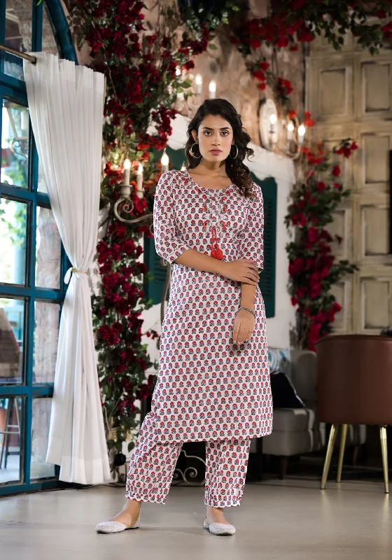 Divena White & Red Floral Printed Cotton Kurta with Trouser Trousers Office Stylish