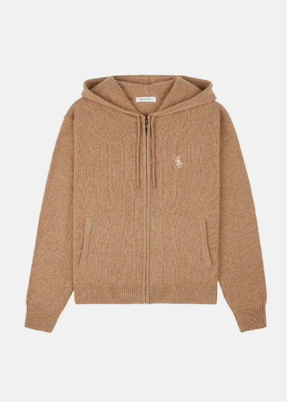Camel White SRC Cashmere Zip Hoodie Hoodie with Hem Frayed Vintage Worn
