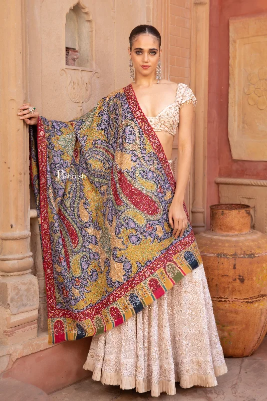 Pashtush Pashmina Shawl, Kalamkari Hand Embroidery, Hand Painted, Multicoloured Elegant Pashmina Shawl Cape