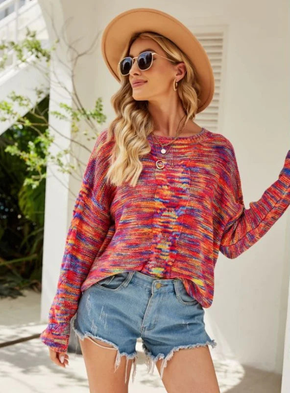FASHION LOOSE FASHION PULLOVER COLOR SWEATER Crew Neck Wool