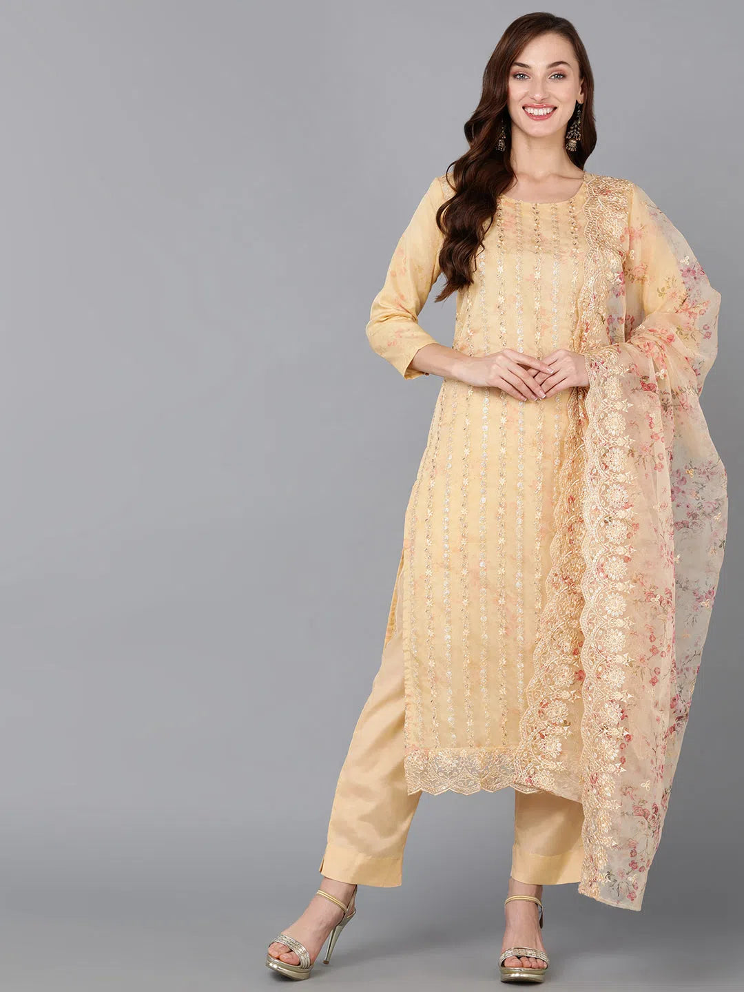 Ahika Women Organza Embroidered Kurta Trousers With-PKSKD1802_XS Cropped Trousers Casual Linen