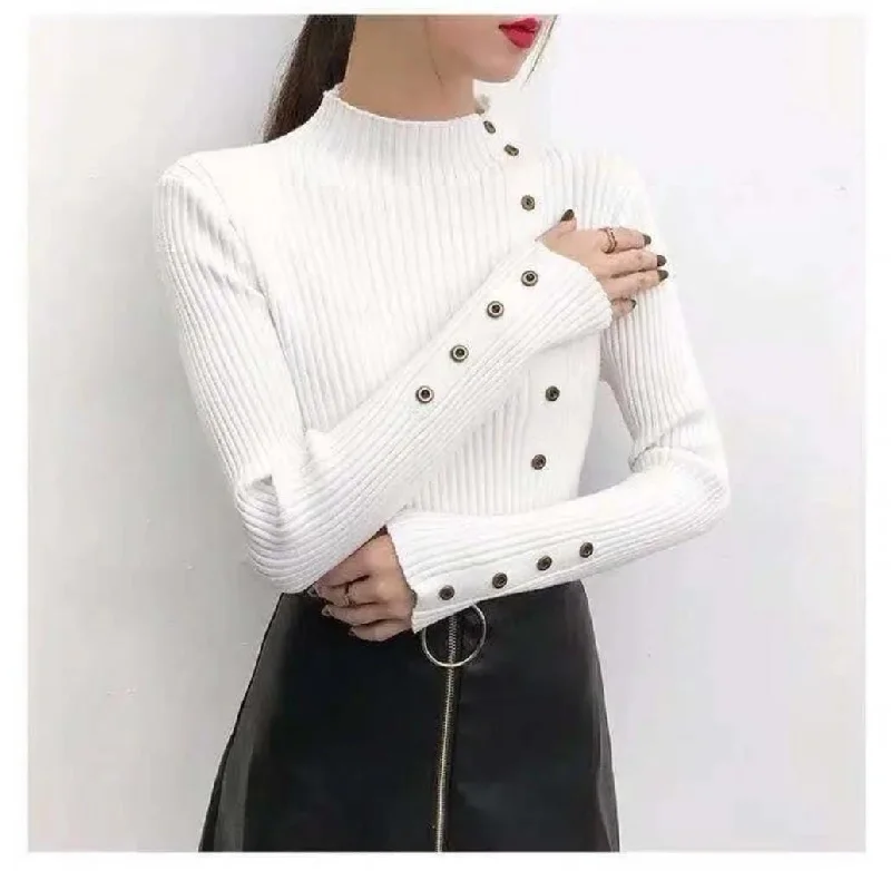 Fashion Sweater Mock Neck Casual Button Up Women's X4320991 Nylon Fabric Polyester Fabric Spandex Fabric