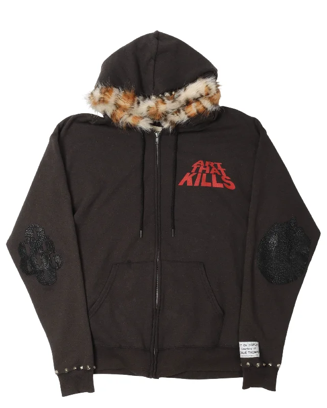 "Art That Kills" Fur Lined Zip Up Hoodie Hoodie with Gradient Ombre Colorful