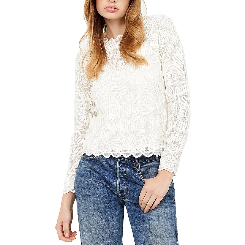 Womens Mesh Embroidered Pullover Top Angora Wool Cozy