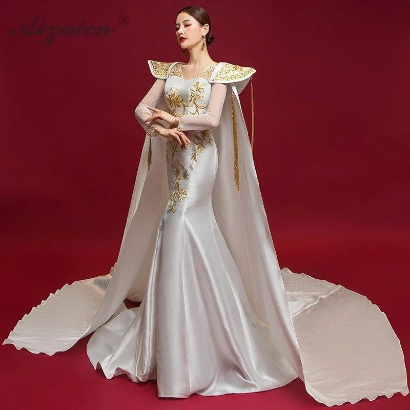 White Cheongsam Long Sleeve Shawl Trailing Dress Gown Soft Faux Fur Shawl