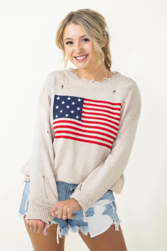Miracle American Flag Distressed Sweater for Women in Beige | L2402-BEIGE Cashmere Blend Cotton Blend Poly Blend