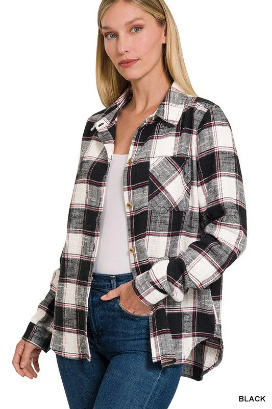 Rad In Plaid Black Button Down Shirt Jacket (Size Small) Front Pockets Side Pockets Patch Pockets