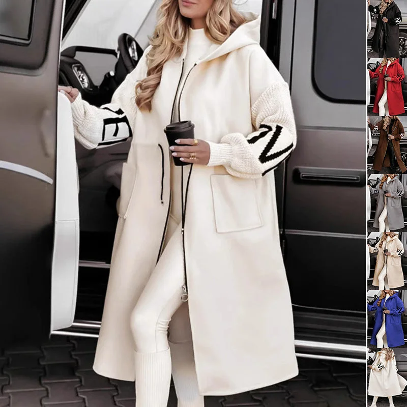 Hooded Windbreaker Long winter Jacket Drawstring Design Knit-Sleeved Trench Coat For Women Knit Jacket Woven Jacket Fleece Jacket