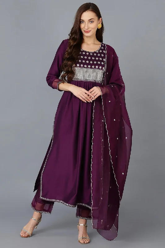 Purple Silk Blend Solid Straight Kurta Trousers With Dupatta Trousers Hiking Durable