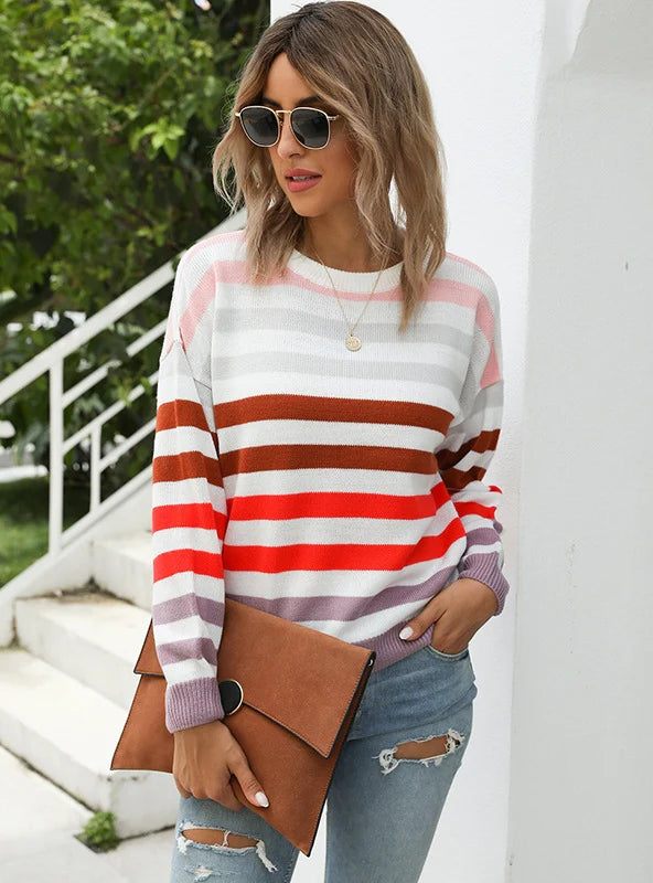 FASHION STRIPED PULLOVER SWEATER Oblong Neck Pullover