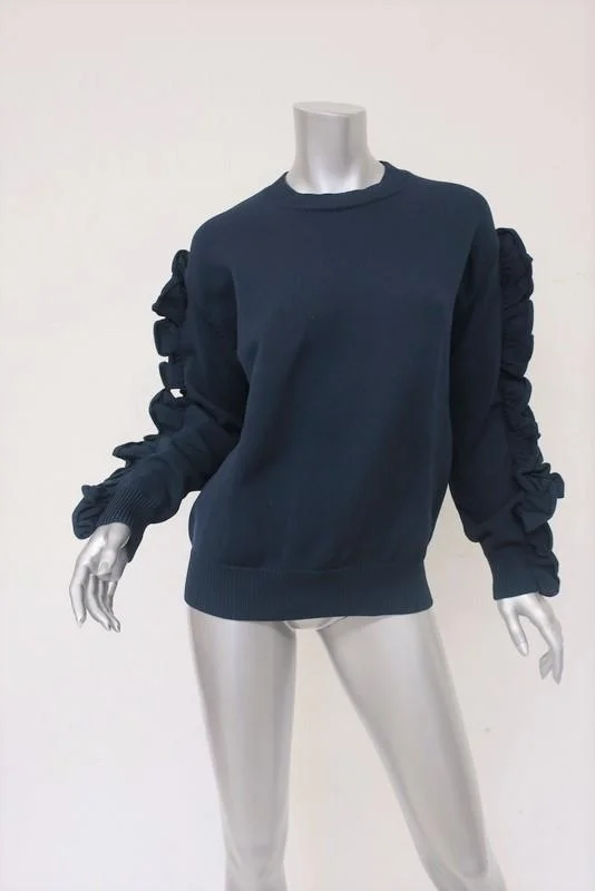 Victoria, Victoria Beckham Ruffle Sweater Navy Nylon Size 0 Crewneck Pullover Cap Sleeve Casual