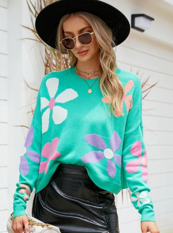 FASHION LONG SLEEVE ROUND NECK FLOWER PULLOVER LOOSE SWEATER Lapel Neck Sweater