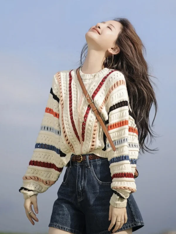 Rainbow Striped Crocheted Hollow Pullover Sweater Thin Wool Pullover