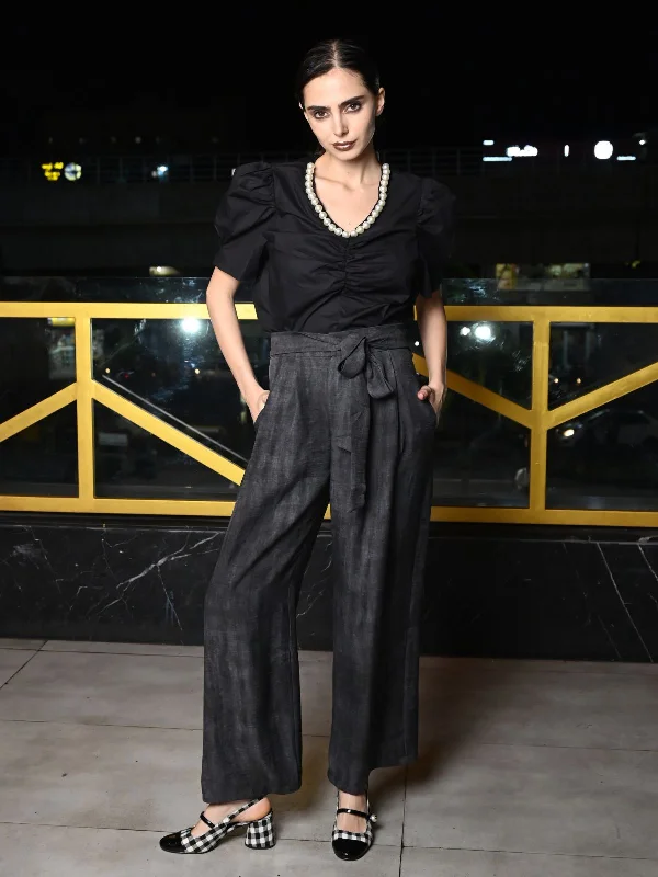 Odette Grey Cotton Viscose Solid Trousers For Women Trousers Culottes Wide Leg