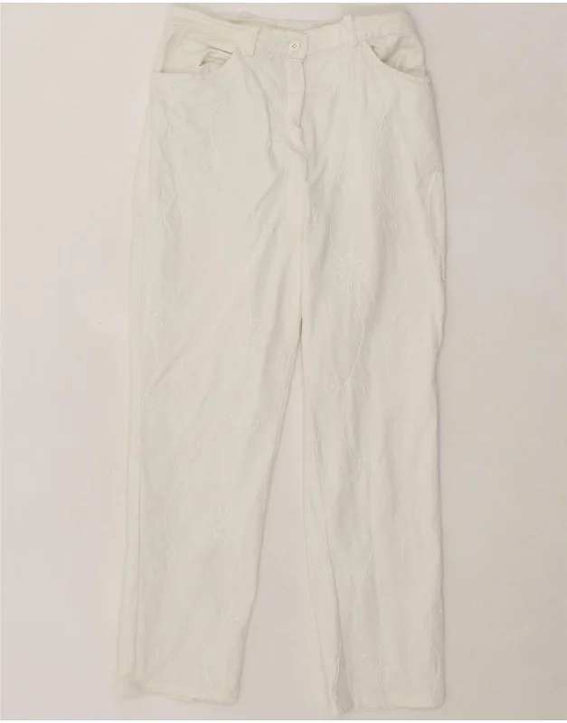 L.PUCCI Womens Slim Casual Trousers IT 42 Medium W26 L26 White Floral Trousers sophisticated sleek