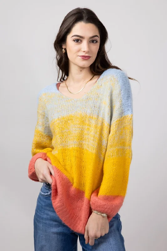 Miracle Striped Ombre V-Neck Knit Sweater for Women in Blue Multi | 6645-BLUEMULTI Knit Fabric Woven Fabric Fleece Fabric