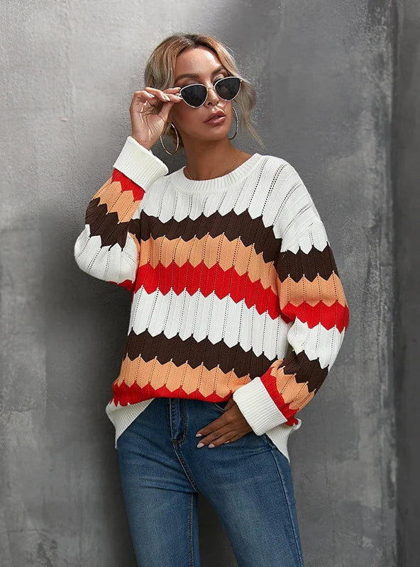 COLOR MATCHING WAVY STRIPED PULLOVER SWEATER Fitted Ribbed Sweater