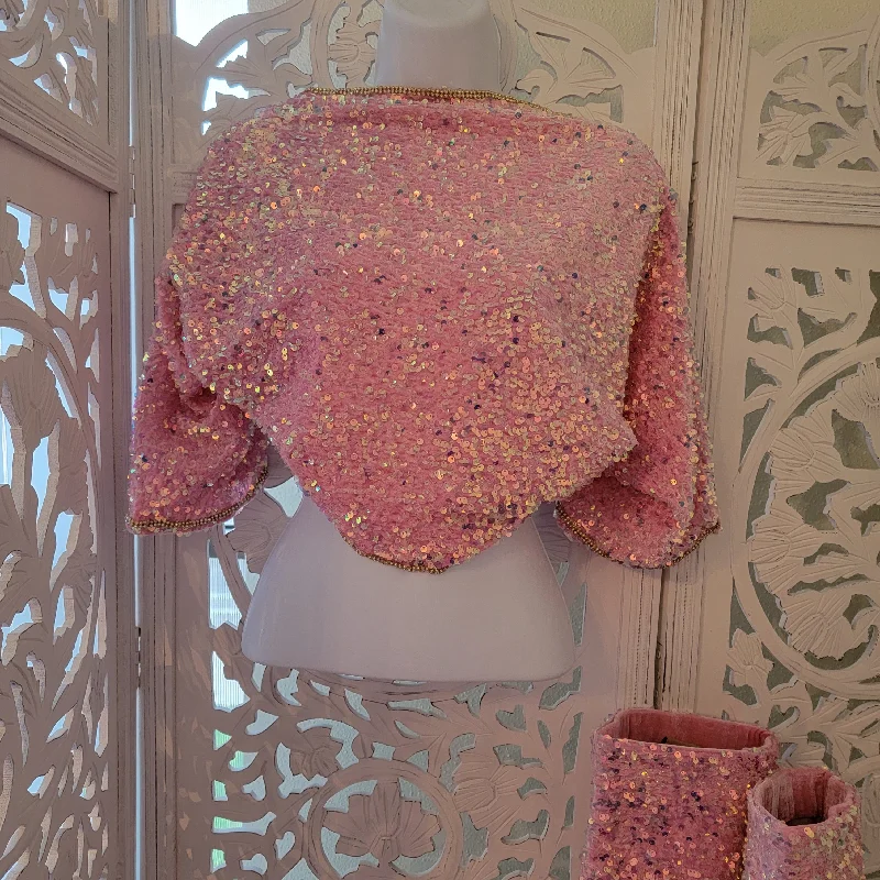 "KAYA" Iridescent Pink Sequin Velvet Shrug Sweater Spandex Rayon Corduroy