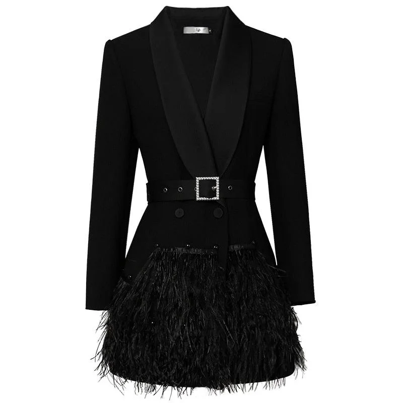 Black Shawl Collar Feather Blazer with Belt Dress Warm Knit Shawl Wrap