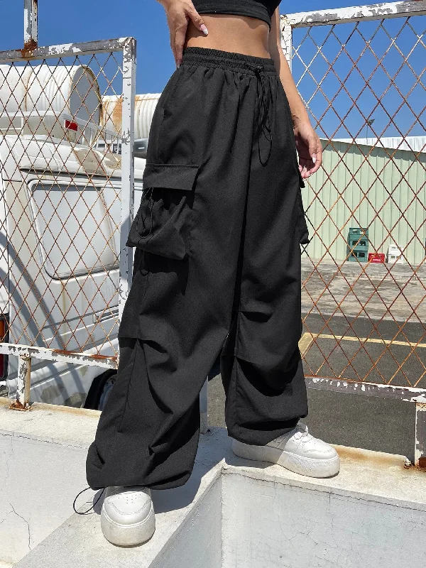 Drawstring Waist Flap Parachute Cargo Trousers Trousers Fleece Cozy