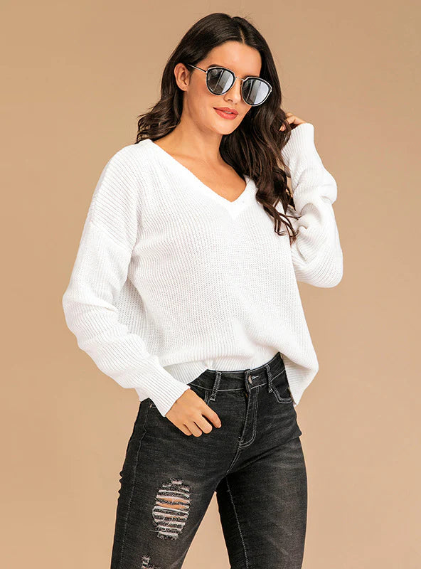 PULLOVER V-NECK LOOSE SWEATER Wrist Length Sleeve