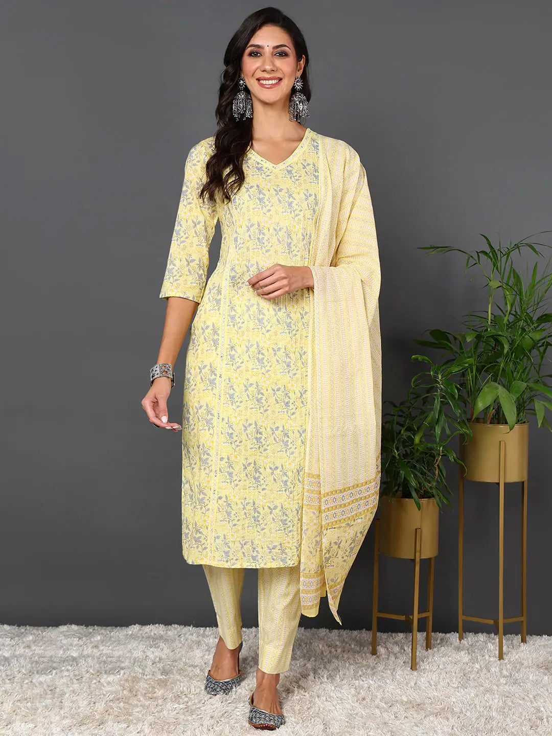 Ahika Women Yellow Pure Cotton Floral Printed Kurta Trouser With Dupatta-VKSKD2008_M Trousers Palazzo Wide Leg