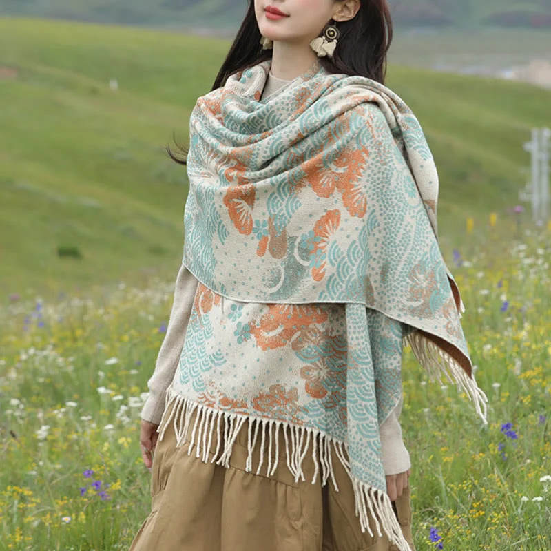 Buddha Stones Tibetan Green Dragon Scale Pattern Tassels Shawl Fall Winter Soft Scarf Wrap Trendy Embroidered Shawl Wrap