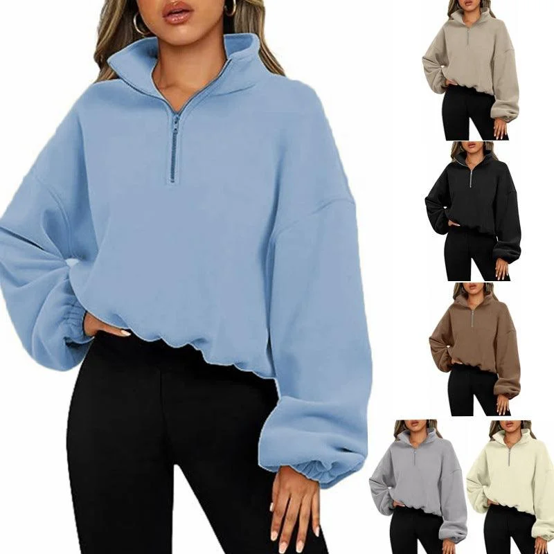 Women's clothing half zipper stand collar hem drawstring rocker fleece jacket Wool Jacket Cashmere Jacket Tweed Jacket