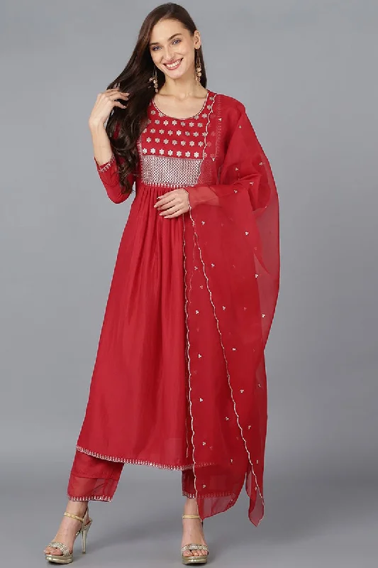 Red Silk Blend Solid A-Line Kurta Trousers With Dupatta Trousers Yoga Stretchy