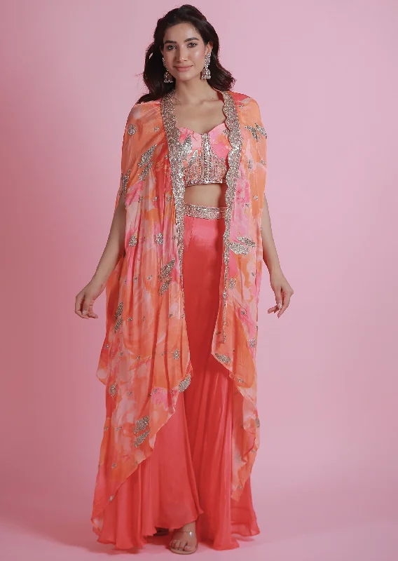 Pink & Orange Chinnon Indo-Western Top and Palazzo Set with Jacket Hooded Jacket Caped Jacket Shawl Collar Jacket