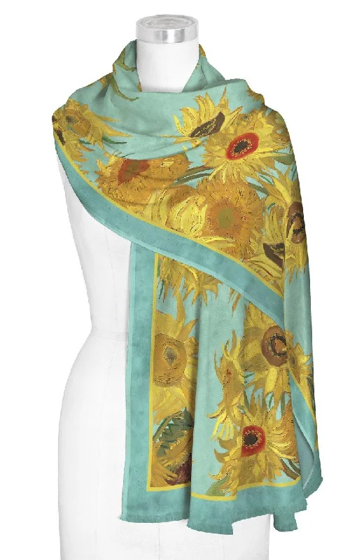 VAN GOGH SUNFLOWERS SILK BLEND WOMEN’S FASHION SHAWL Elegant Lace Shawl Wrap