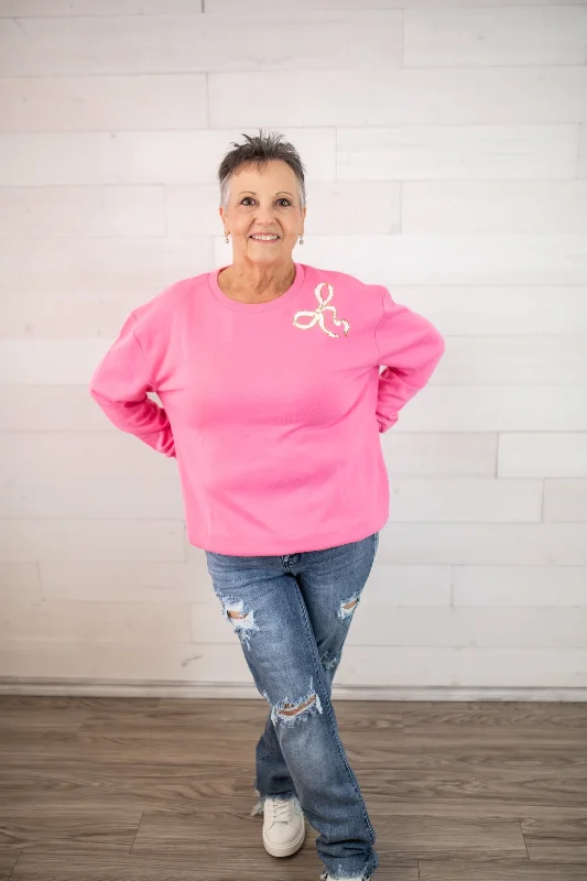 The Royal Standard Bow Sequin Sweatshirt-Pink, Gold & White Oversized Hoodie Comfort Casual