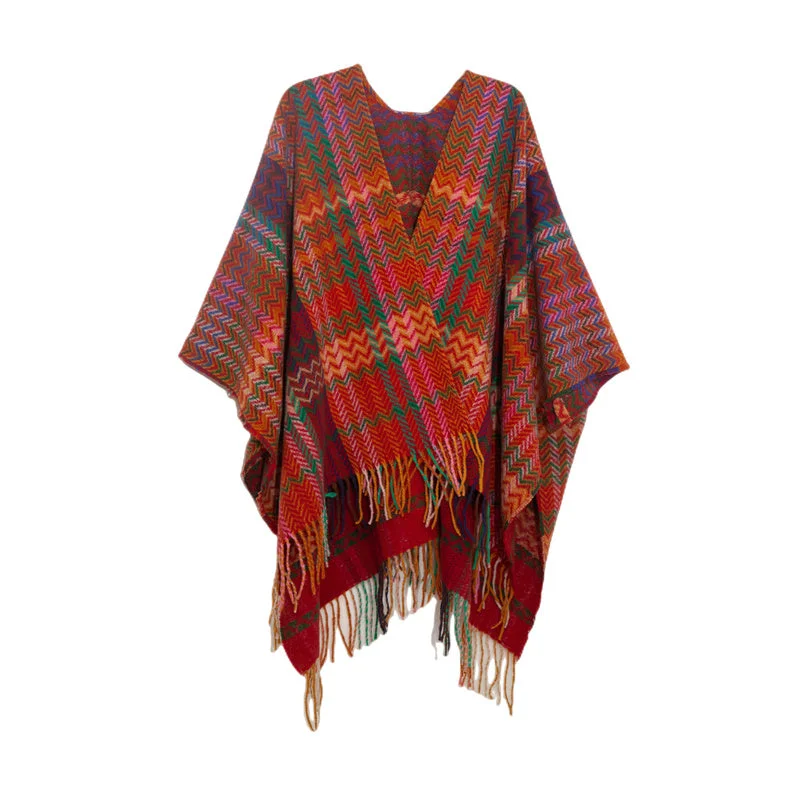 Buddha Stones Tibetan Shawl Colorful Wavy Line Tassels Winter Cozy Travel Scarf Wrap Cozy Woolen Shawl Cape