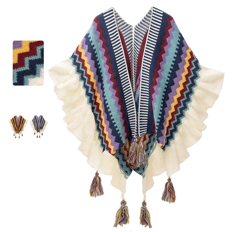 Buddha Stones Tibetan Shawl Colorful Striped Wavy Line Tassels Winter Cozy Travel Scarf Wrap Comfortable Summer Shawl Wrap