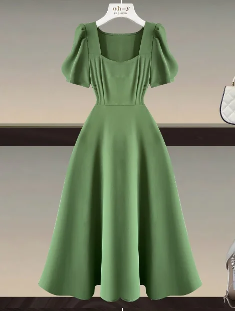 Casual Solid Empire Pullover Bow Short Sleeve Summer All-match O-neck Knee-length Dresses Ruffled Neck Pullover