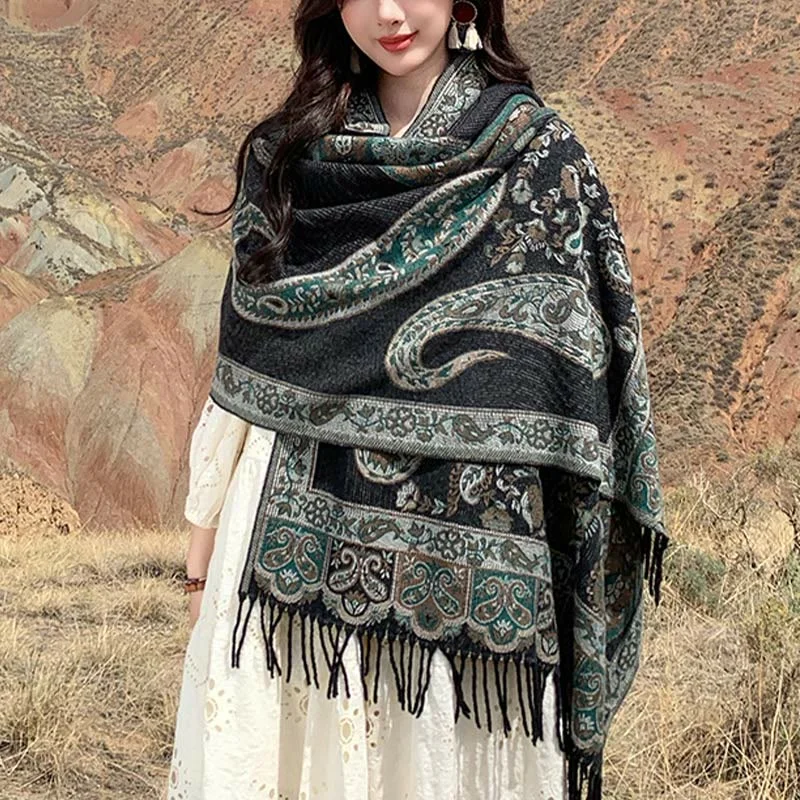 Buddha Stones Tibetan Cashew Flower Tassel Shawl Fall Winter Cozy Travel Scarf Wrap Soft Pashmina Shawl Wrap