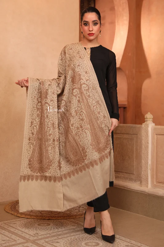 Pashtush Womens Fine Wool Shawl, Tone On Tone Sangeen Jaal Embroidery Design, Beige Fashionable Pashmina Shawl