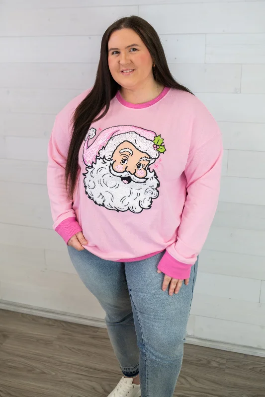 Jane Marie Pink Santa Sequin Sweatshirt Hoodie with Hem Embroidery Detailed Premium