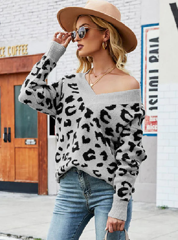 LOOSE V-NECK LEOPARD PULLOVER SWEATER Lantern Sleeve Elegant