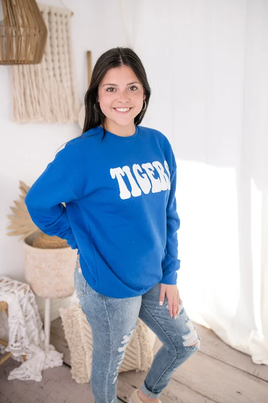 Royal Blue Tigers Puff Sweatshirt Hoodie with Hem Drawcord Adjustable Customizable