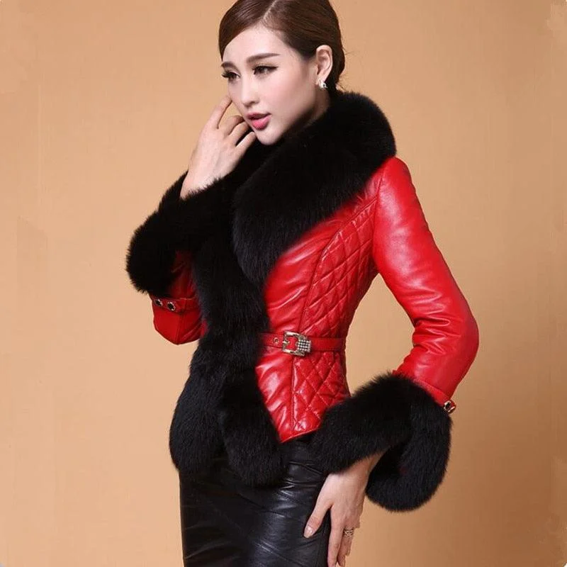 Best-selling Autumn  Winter Jacket Woman Fur Coat Fashion  Fox Fur Collar Women Coat Slim Short PU Leather Coat Notch Collar Peter Pan Collar Cowl Neck