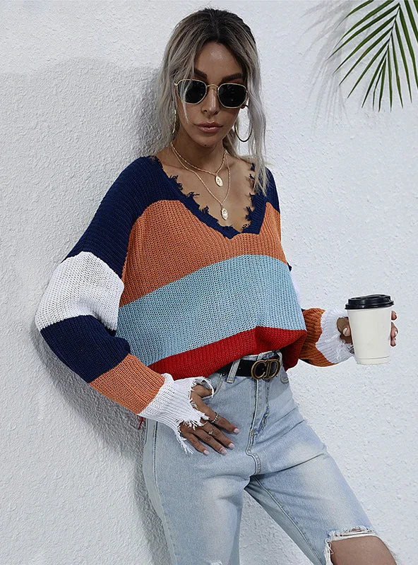 COLOR MATCHING V-NECK PULLOVER SWEATER Wide Sleeve Pullover
