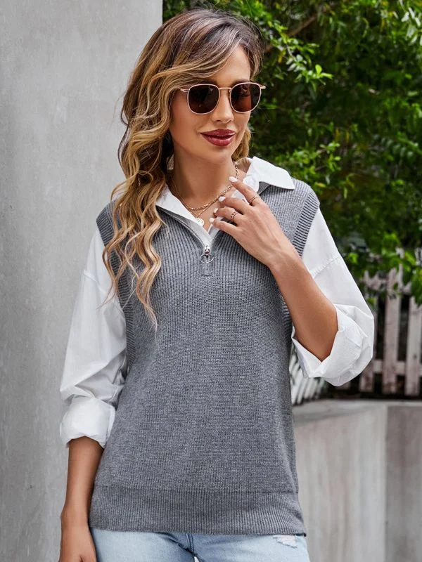 FASHION GREY V-NECK SWEATER LOOSE PULLOVER VEST Jewel Neck Pullover